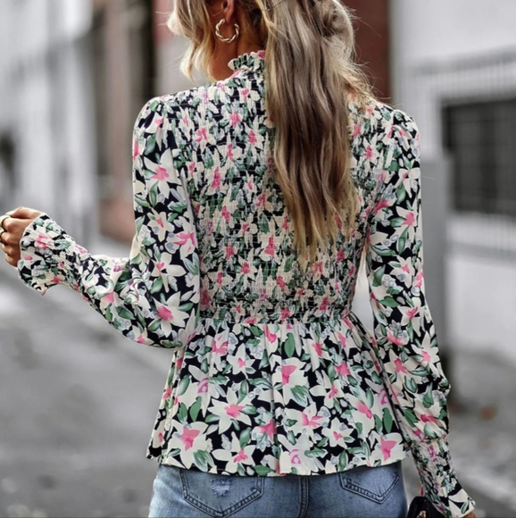 FASHION | Women's Multicolor Smocked Floral Mock Neck Long Sleeved Top - Picture 2 of 8